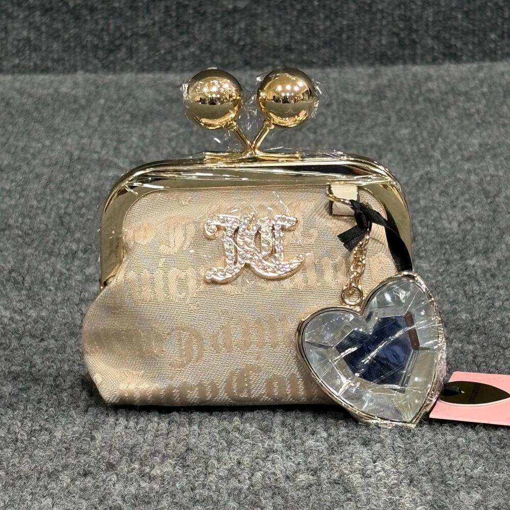 Juicy Couture Wallet Wristlet Womens One Size Beige Satin Kisslock Coin Purse